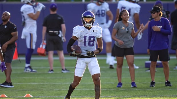 Aug 3, 2023; Eagan, MN, USA; Minnesota Vikings wide receiver Justin Jefferson (18) during training camp at TCO Stadium.